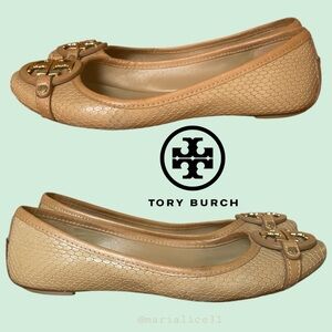 Tory Burch Beige Snake-Embossed Logo Ballet Flats w/ gold accents. 7.5